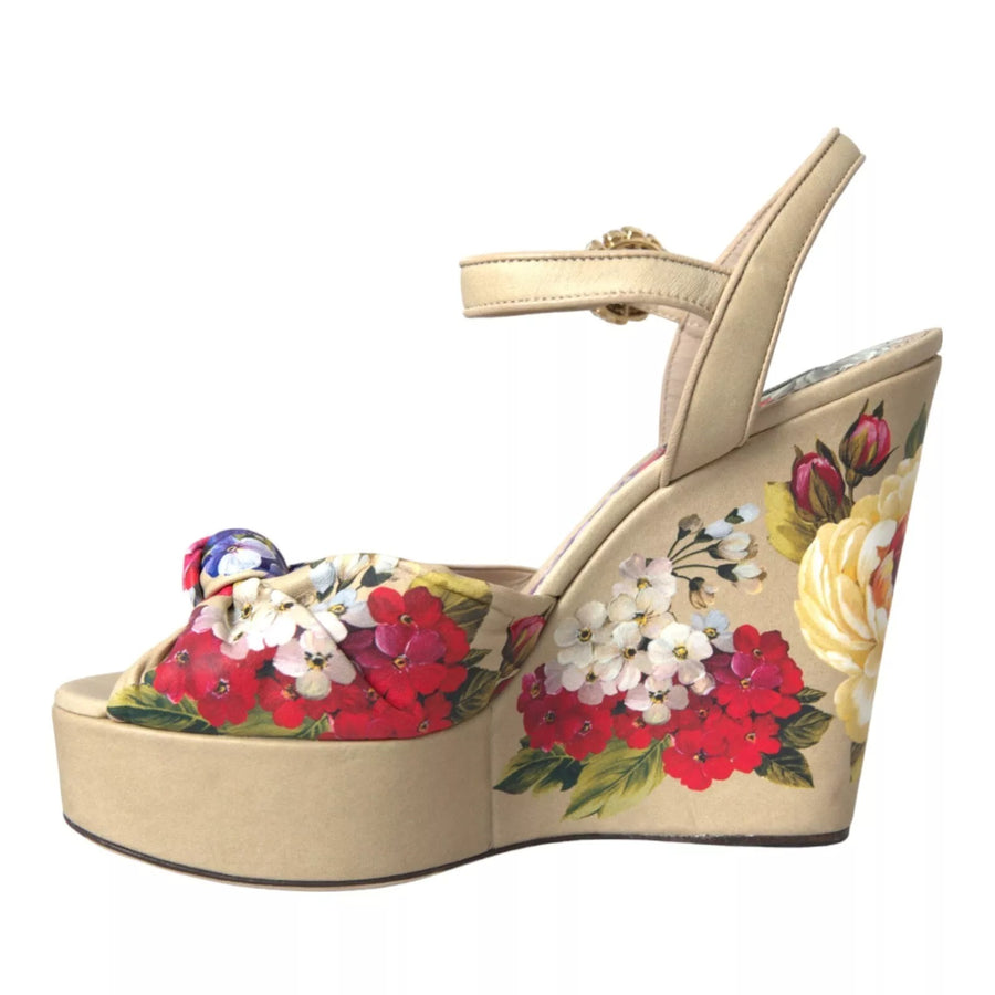 Dolce & Gabbana Beige Floral Crystal Wedge Heel Sandals Shoes