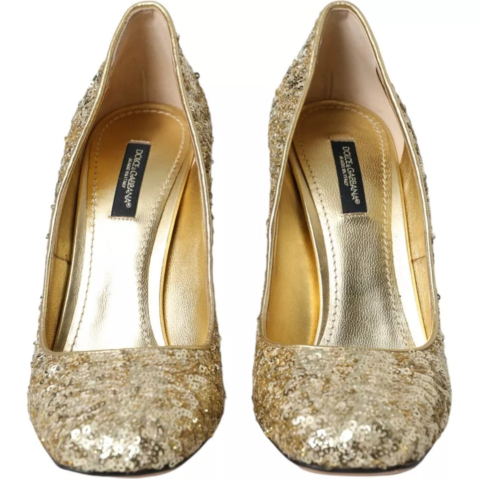 Dolce & Gabbana Gold Sequined Leather High Heels Pumps Shoes