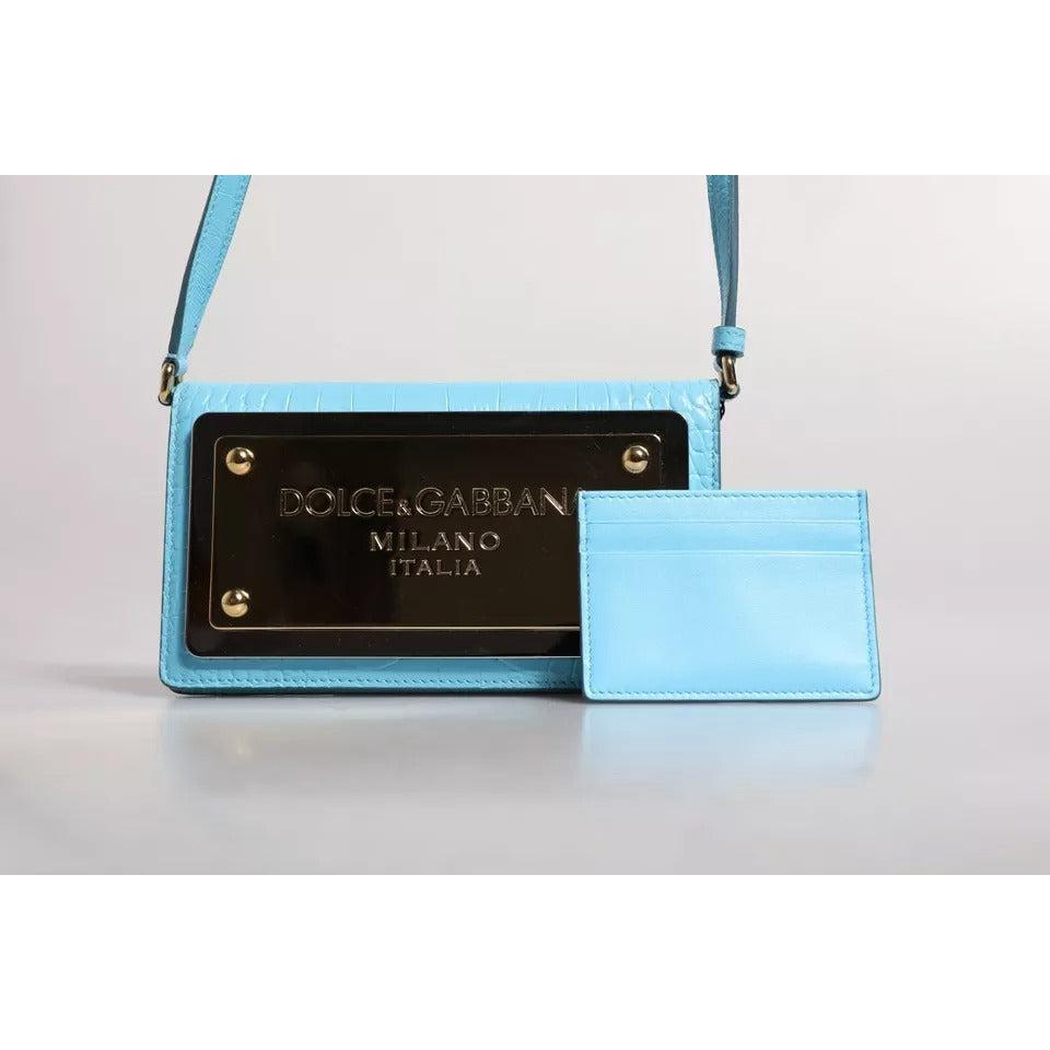 Dolce &amp; Gabbana Blue Branded Maxi Plate Leather Crossbody Phone Bag