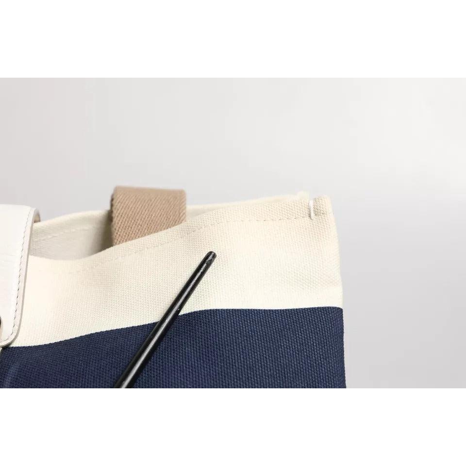 Dolce &amp; Gabbana White Navy Striped Canvas Top Handle Tote Tote Bag