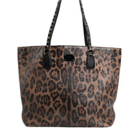 Dolce & Gabbana Brown Black Calfskin Leopard Print Shoulder Tote Bag