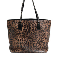 Dolce & Gabbana Brown Black Calfskin Leopard Print Shoulder Tote Bag