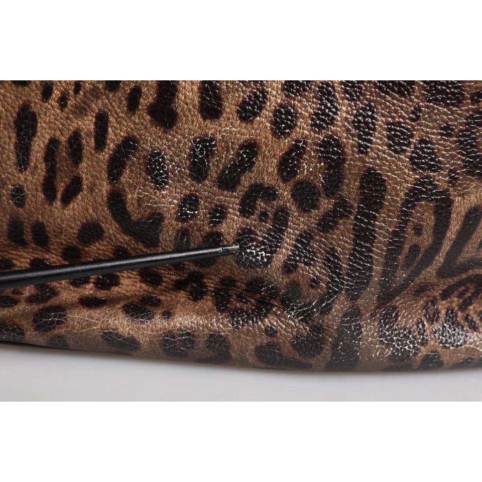 Dolce &amp; Gabbana Brown Black Calfskin Leopard Print Shoulder Tote Bag