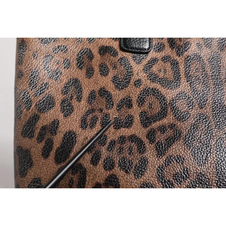Dolce &amp; Gabbana Brown Black Calfskin Leopard Print Shoulder Tote Bag
