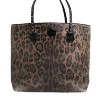 Dolce & Gabbana Brown Black Calfskin Leopard Print Shoulder Tote Bag