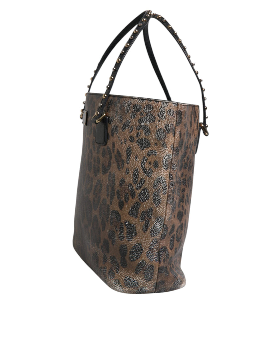 Dolce & Gabbana Brown Black Calfskin Leopard Print Shoulder Tote Bag