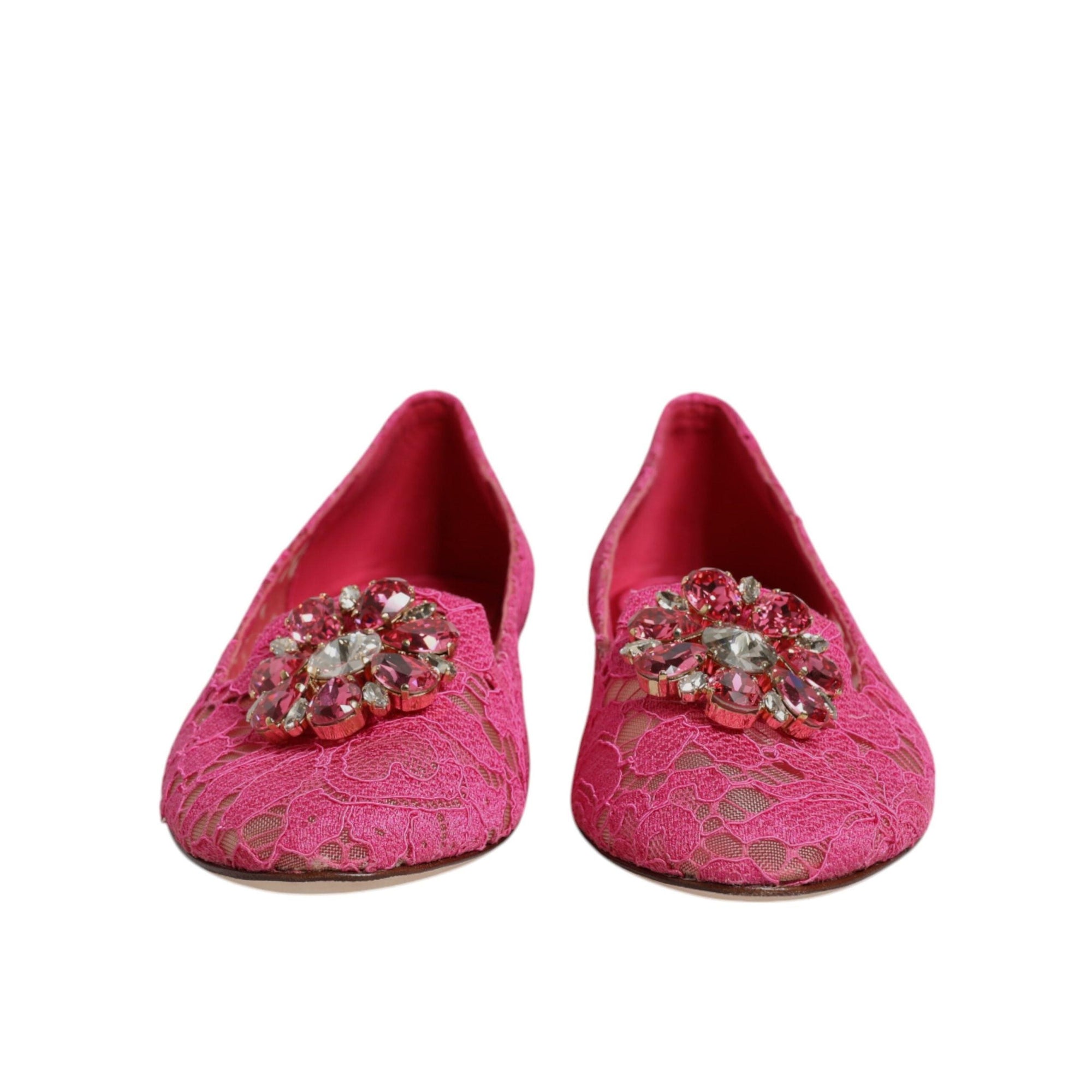 Dolce &amp; Gabbana Fuchsia Crystal Loafer Lace Ballet Flats Shoes