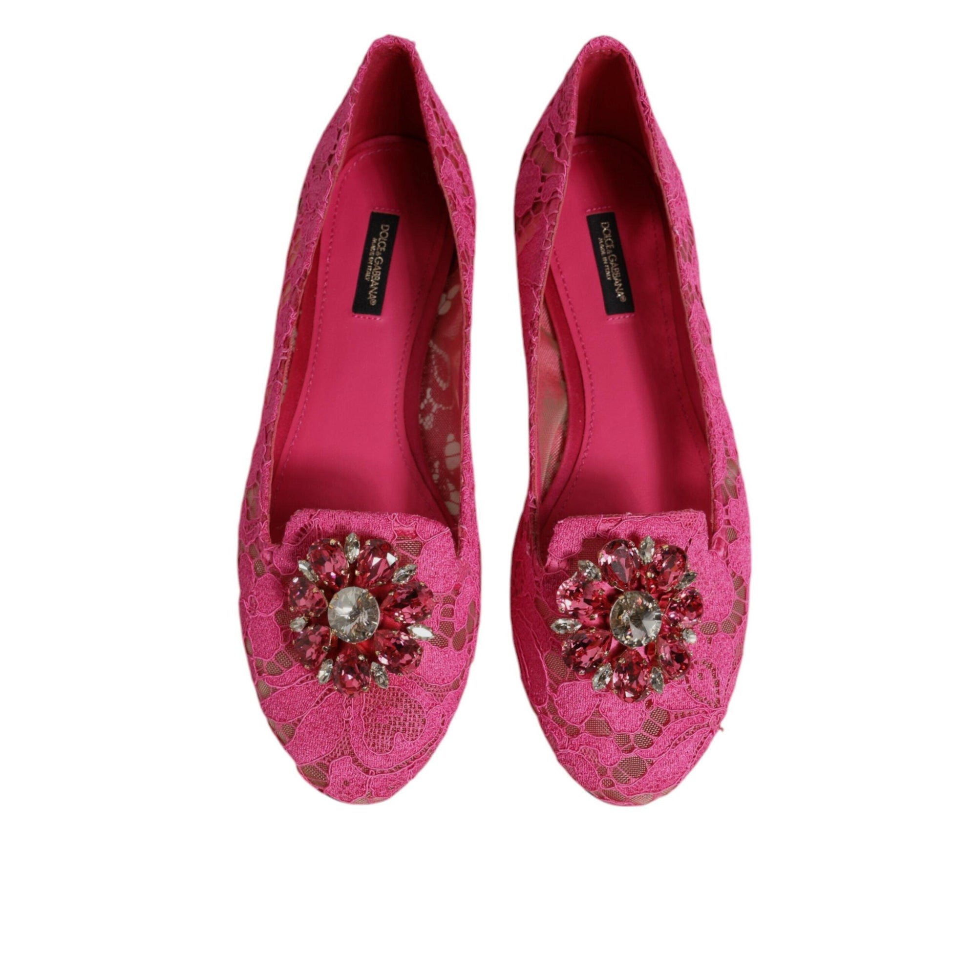 Dolce &amp; Gabbana Fuchsia Crystal Loafer Lace Ballet Flats Shoes