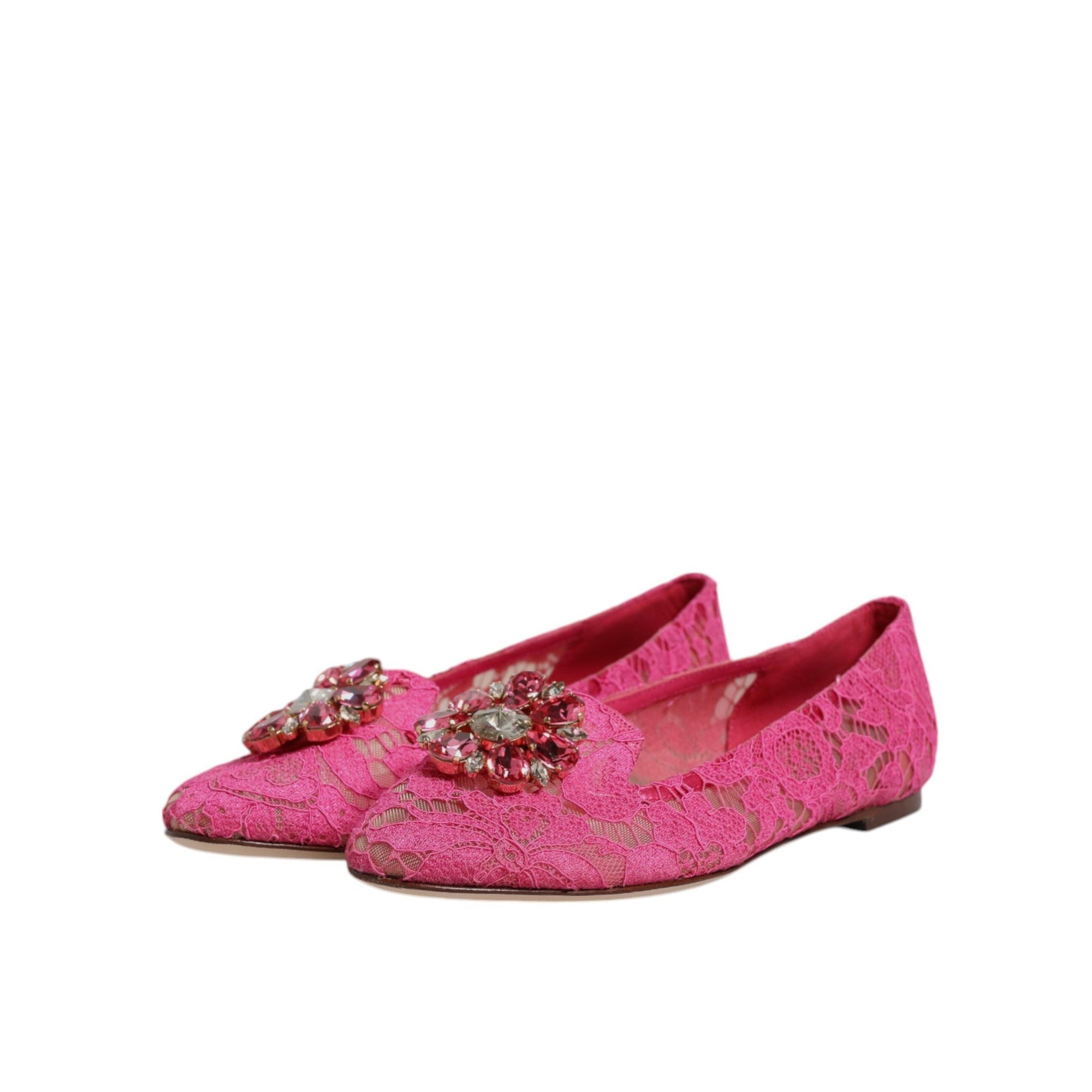 Dolce &amp; Gabbana Fuchsia Crystal Loafer Lace Ballet Flats Shoes