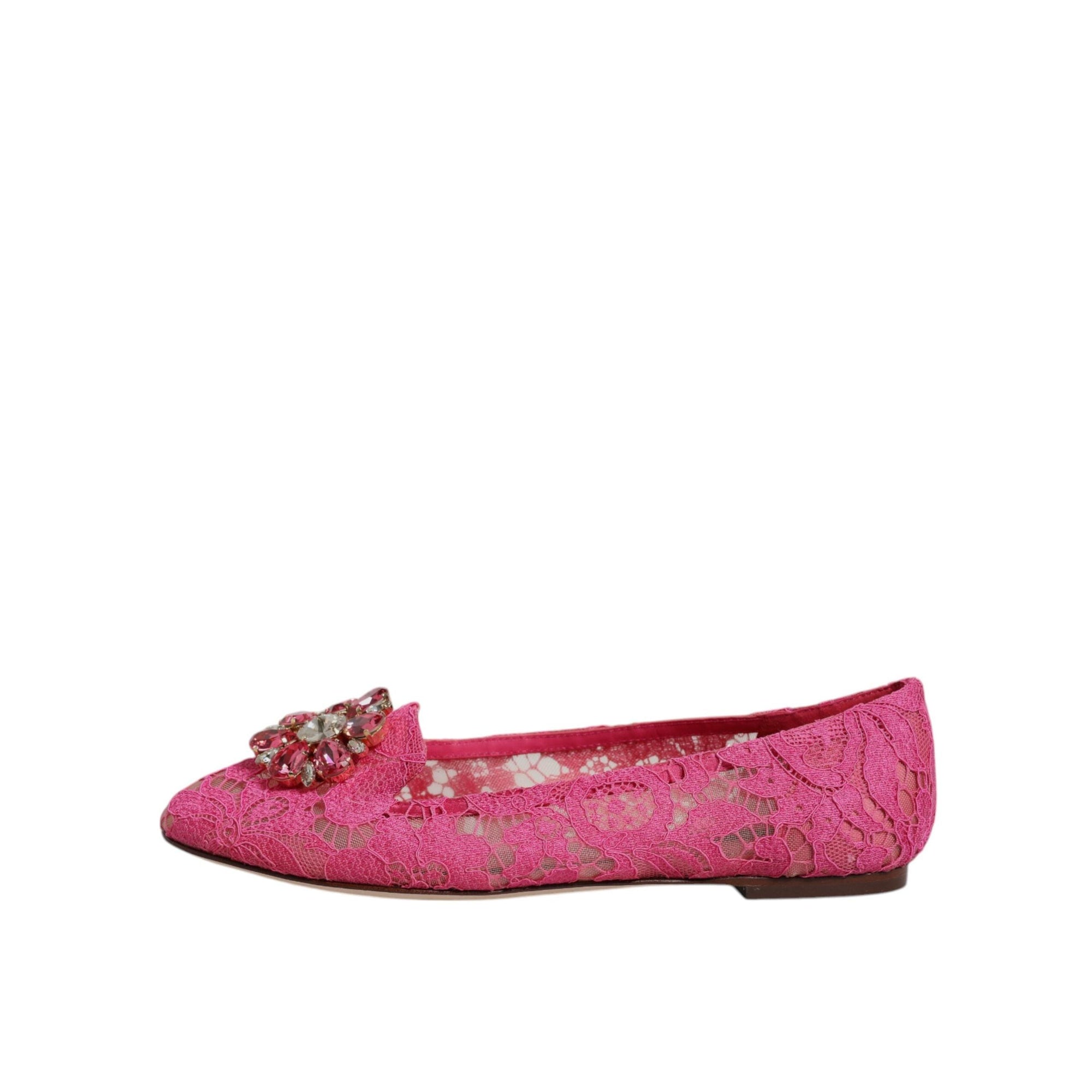 Dolce &amp; Gabbana Fuchsia Crystal Loafer Lace Ballet Flats Shoes