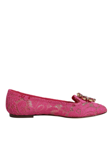 Dolce & Gabbana Fuchsia Crystal Loafer Lace Ballet Flats Shoes