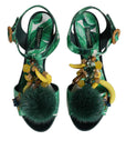 Dolce & Gabbana Green Crystal Fur Embellished Sandals Shoes
