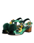 Dolce & Gabbana Green Crystal Fur Embellished Sandals Shoes