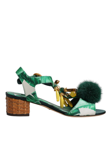 Dolce & Gabbana Green Crystal Fur Embellished Sandals Shoes