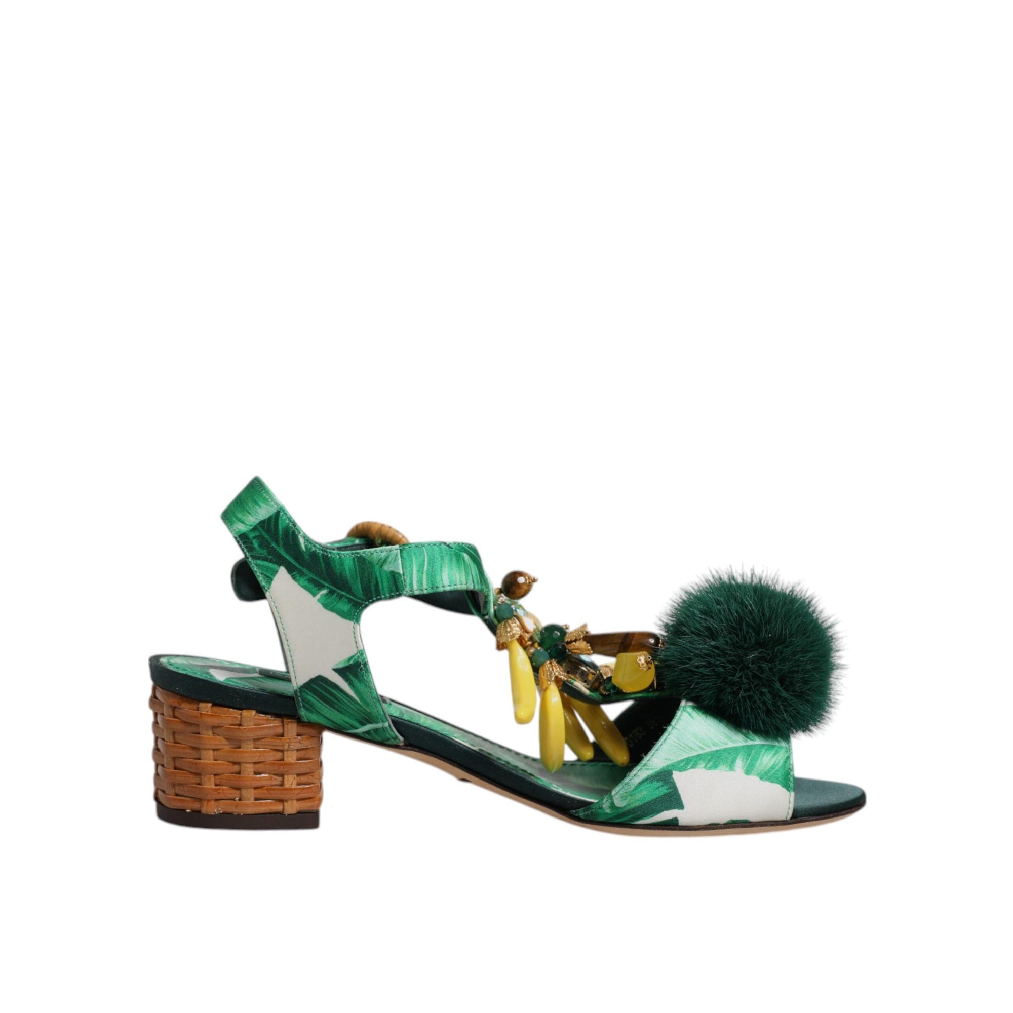 Dolce &amp; Gabbana Green Crystal Fur Embellished Sandals Shoes