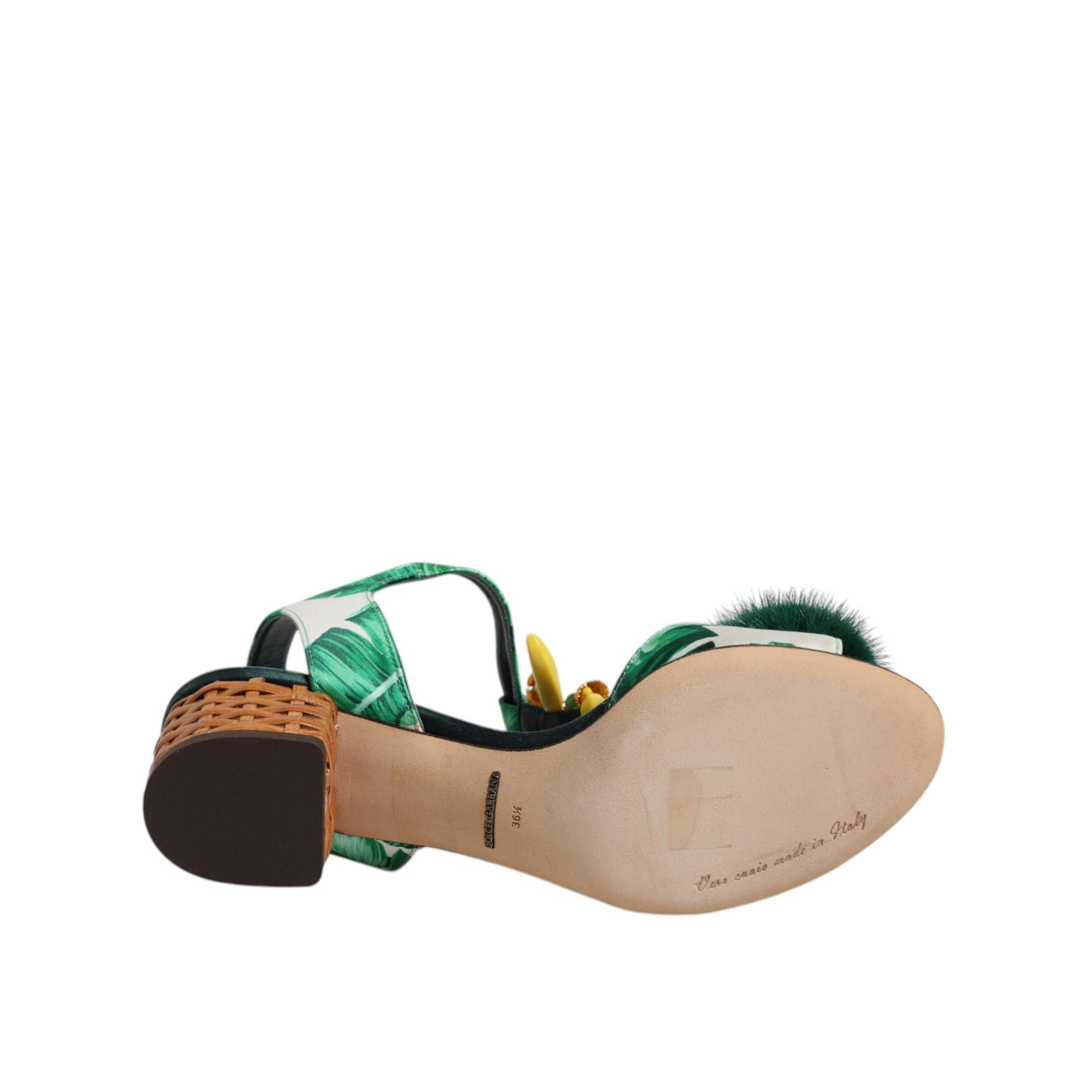 Dolce &amp; Gabbana Green Crystal Fur Embellished Sandals Shoes