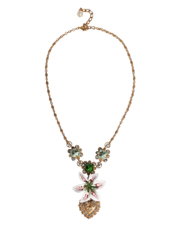 Dolce & Gabbana Gold Brass Lily Crystal Sacred Heart Pendant Necklace