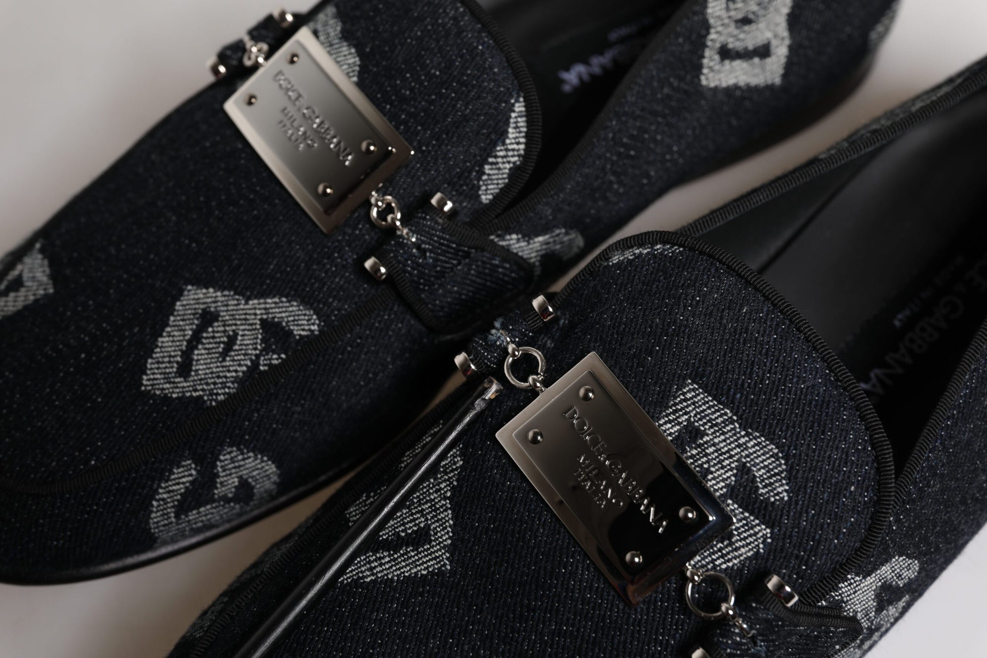 Dolce &amp; Gabbana Black Logo Cotton Loafers Formal Dress Shoes