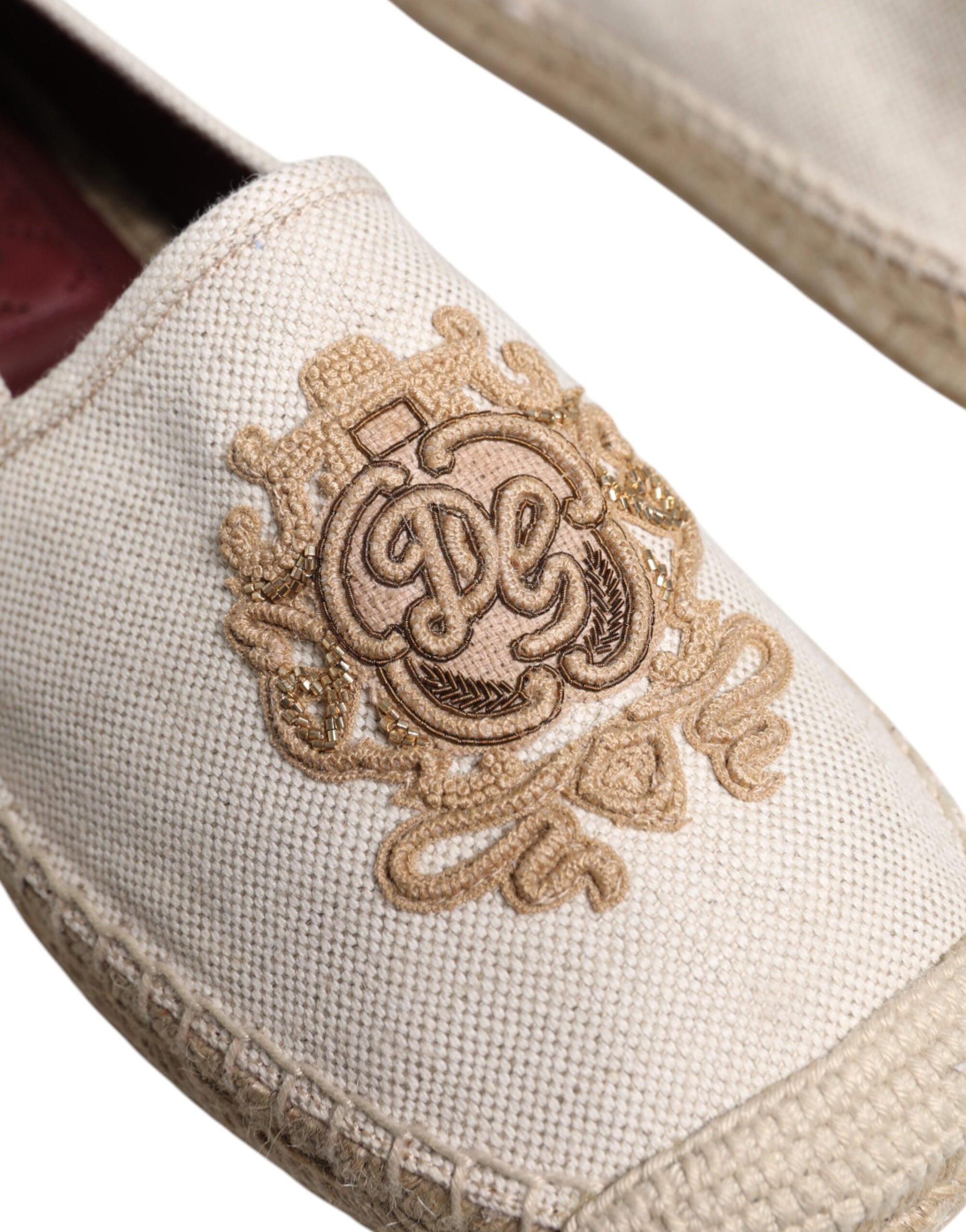 Dolce &amp; Gabbana Beige Canvas Embroidered Slip On Espadrilles Shoes