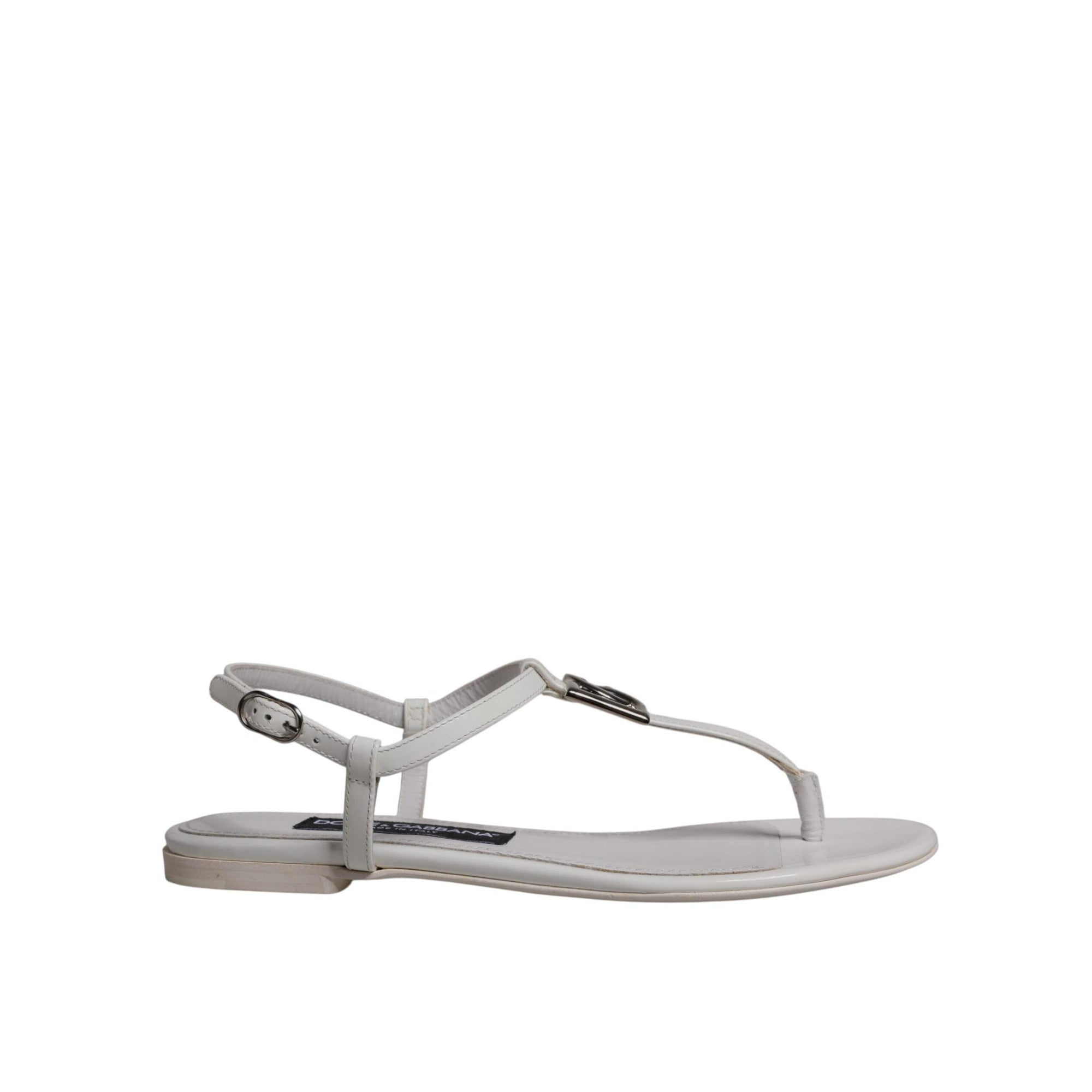 Dolce &amp; Gabbana White Leather Logo Ankle Strap Sandals Shoes