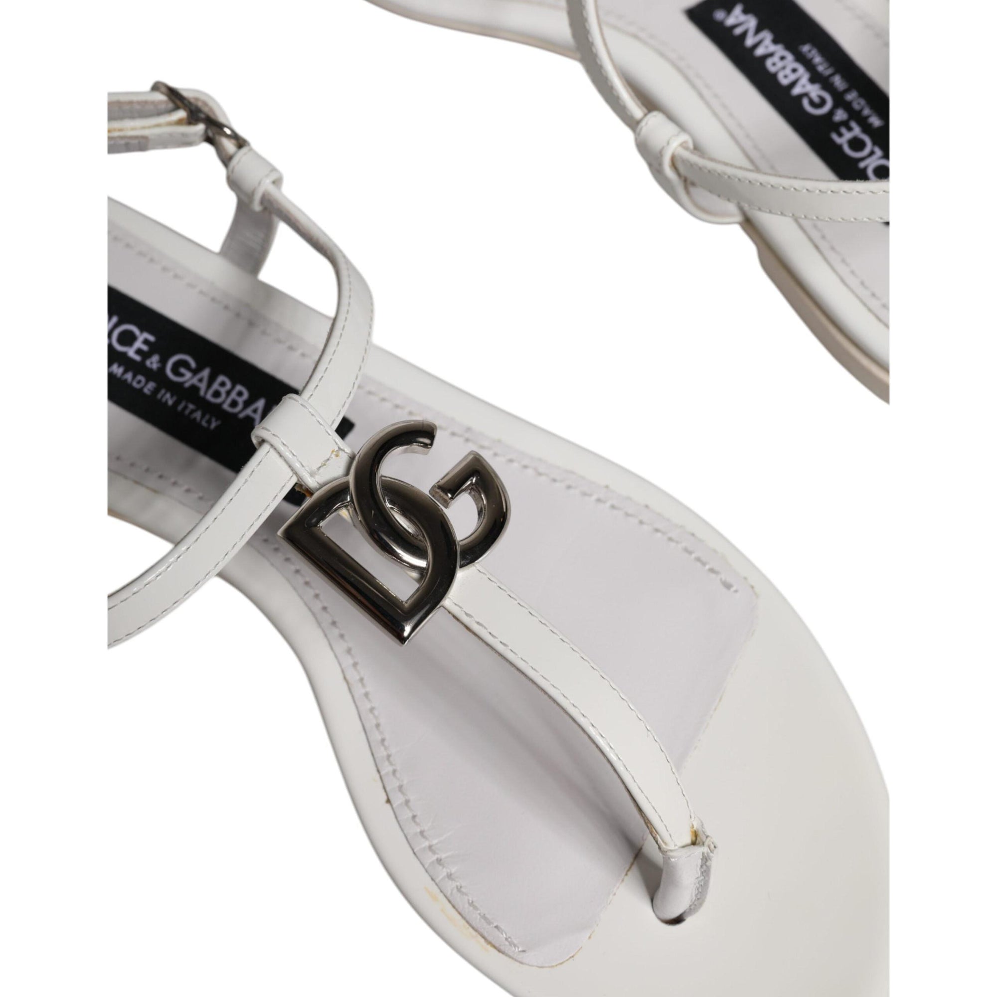 Dolce &amp; Gabbana White Leather Logo Ankle Strap Sandals Shoes