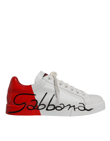 Dolce & Gabbana White Red Leather Logo Low Top Sneakers Shoes