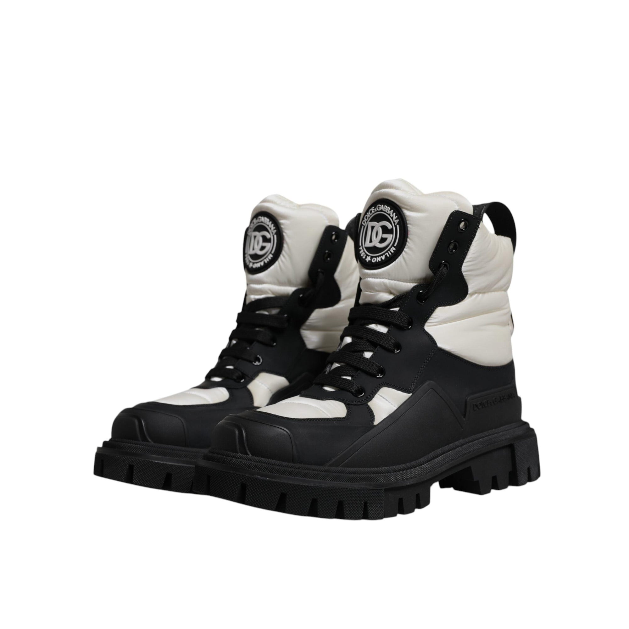 Dolce &amp; Gabbana Black White Padded Mid Calf Lace Up Boots Shoes