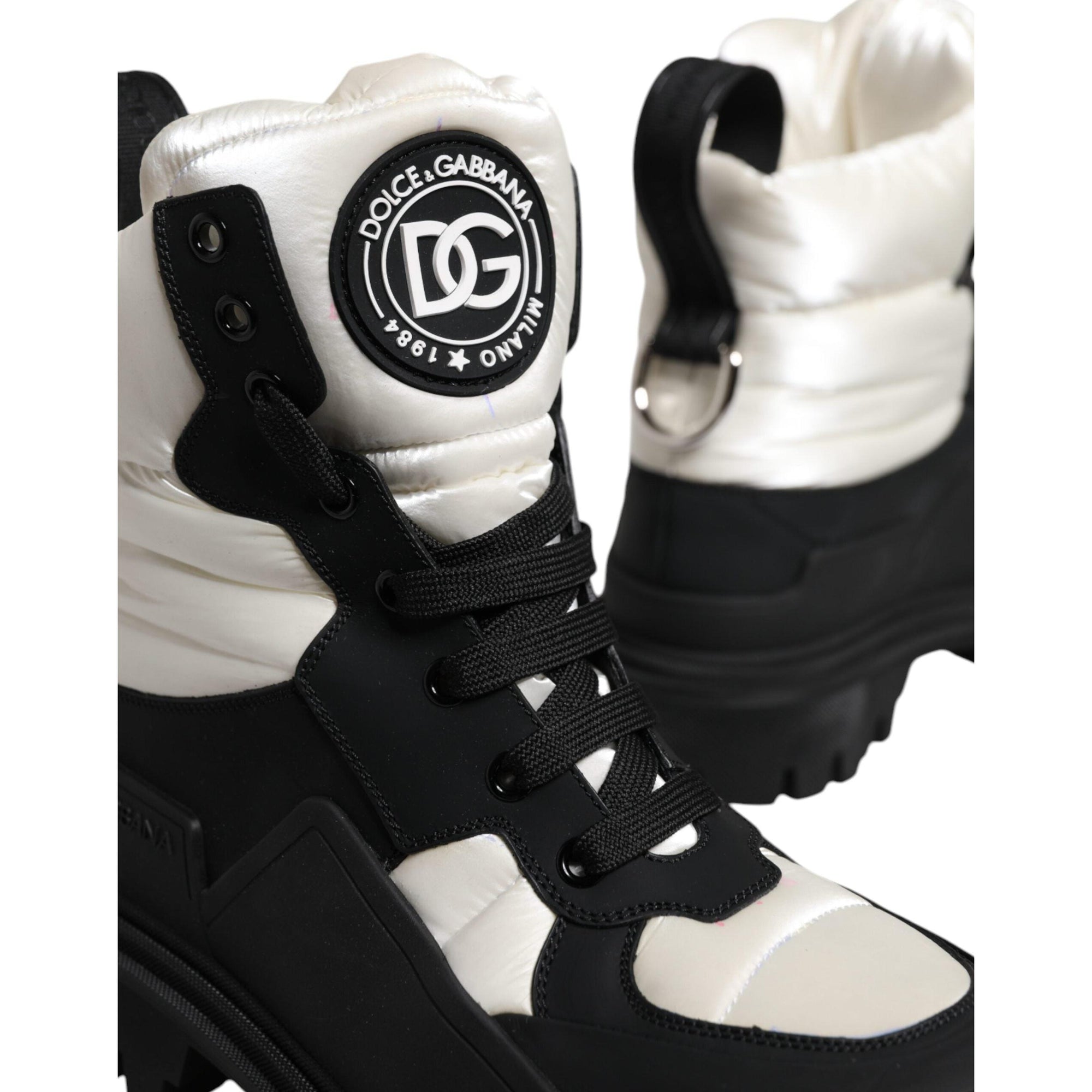 Dolce &amp; Gabbana Black White Padded Mid Calf Lace Up Boots Shoes