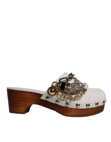 Dolce & Gabbana White Raffia Clogs Bejeweled Chain Sandals Shoes