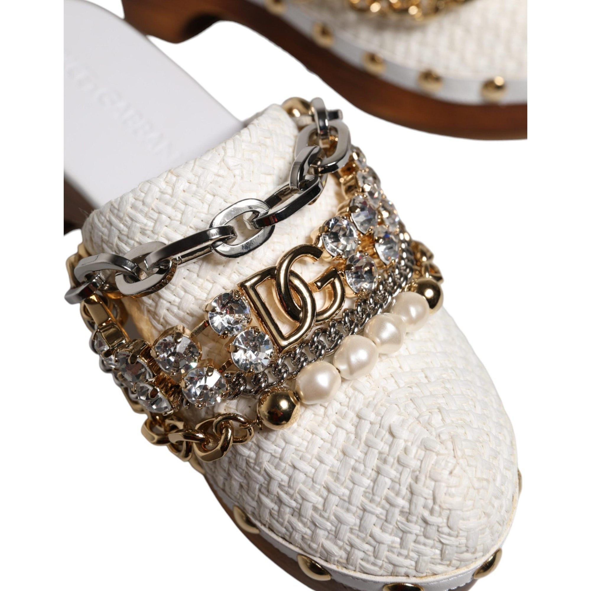 Dolce &amp; Gabbana White Raffia Clogs Bejeweled Chain Sandals Shoes
