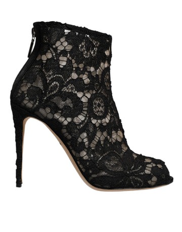 Dolce & Gabbana Black Floral Lace Heels Ankle Boots Shoes