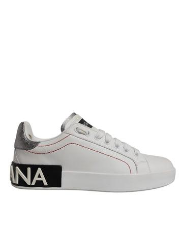 Dolce & Gabbana White Silver Leather Portofino Sneakers Shoes