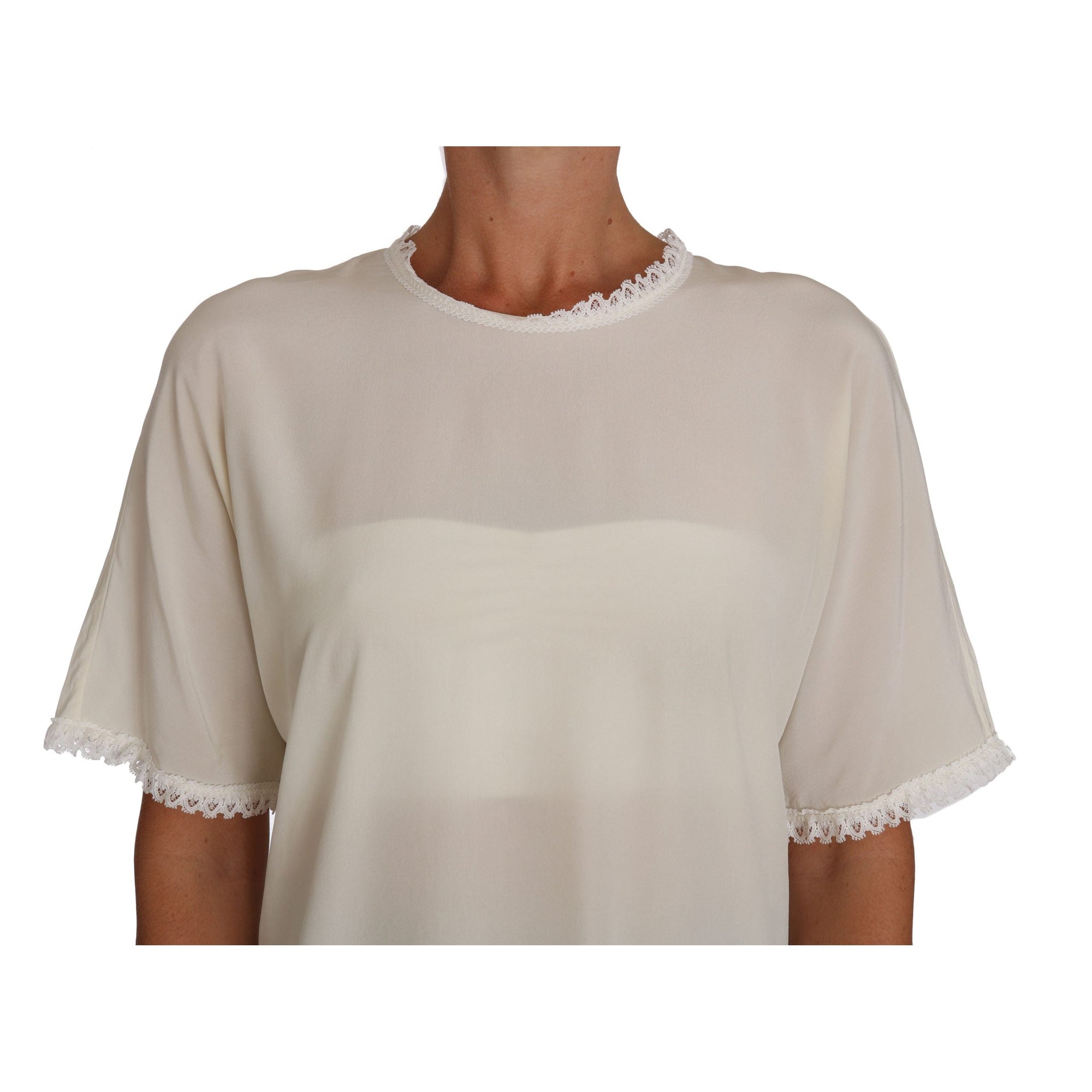 Dolce &amp; Gabbana Cream Silk Lace-Detailed Blouse Top