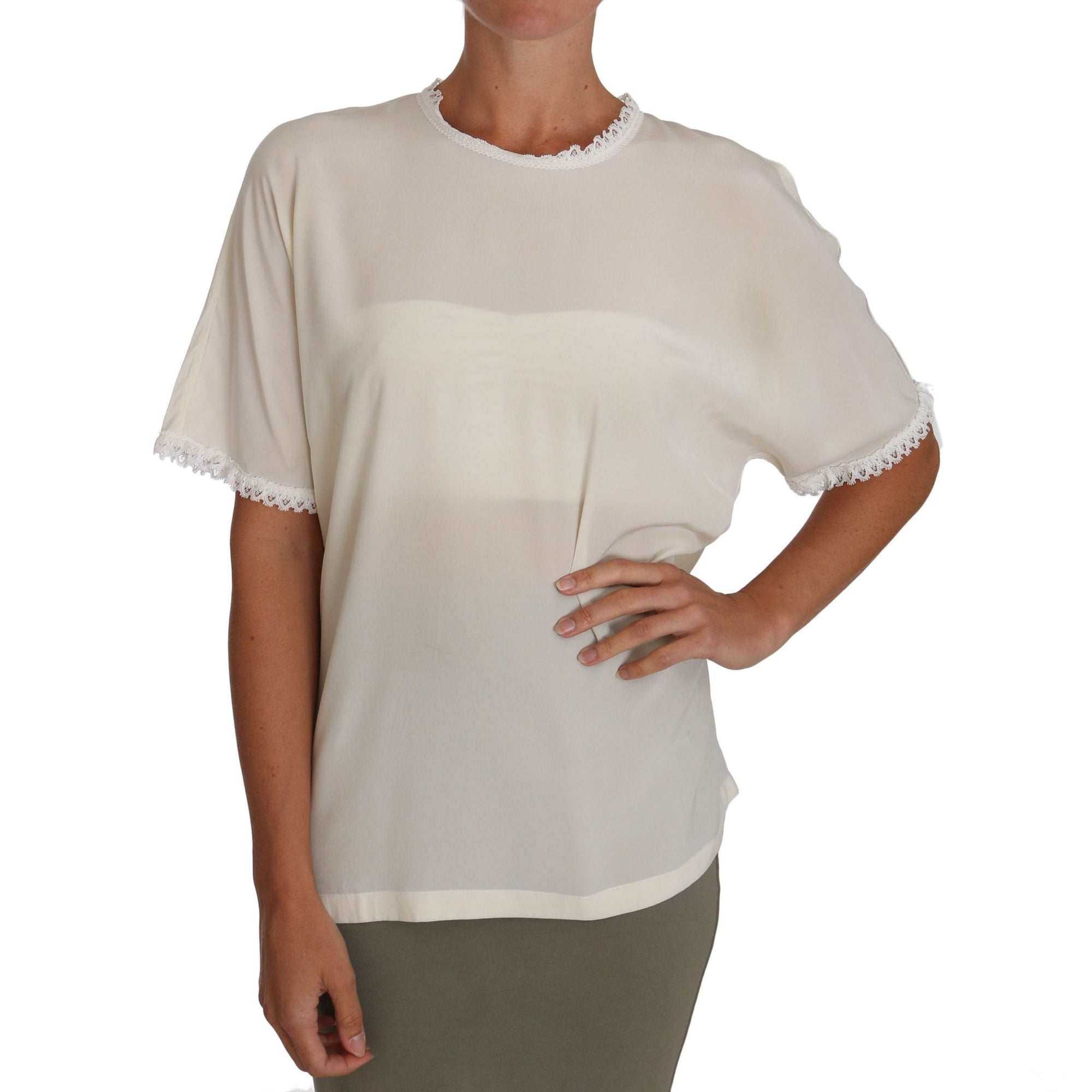 Dolce &amp; Gabbana Cream Silk Lace-Detailed Blouse Top