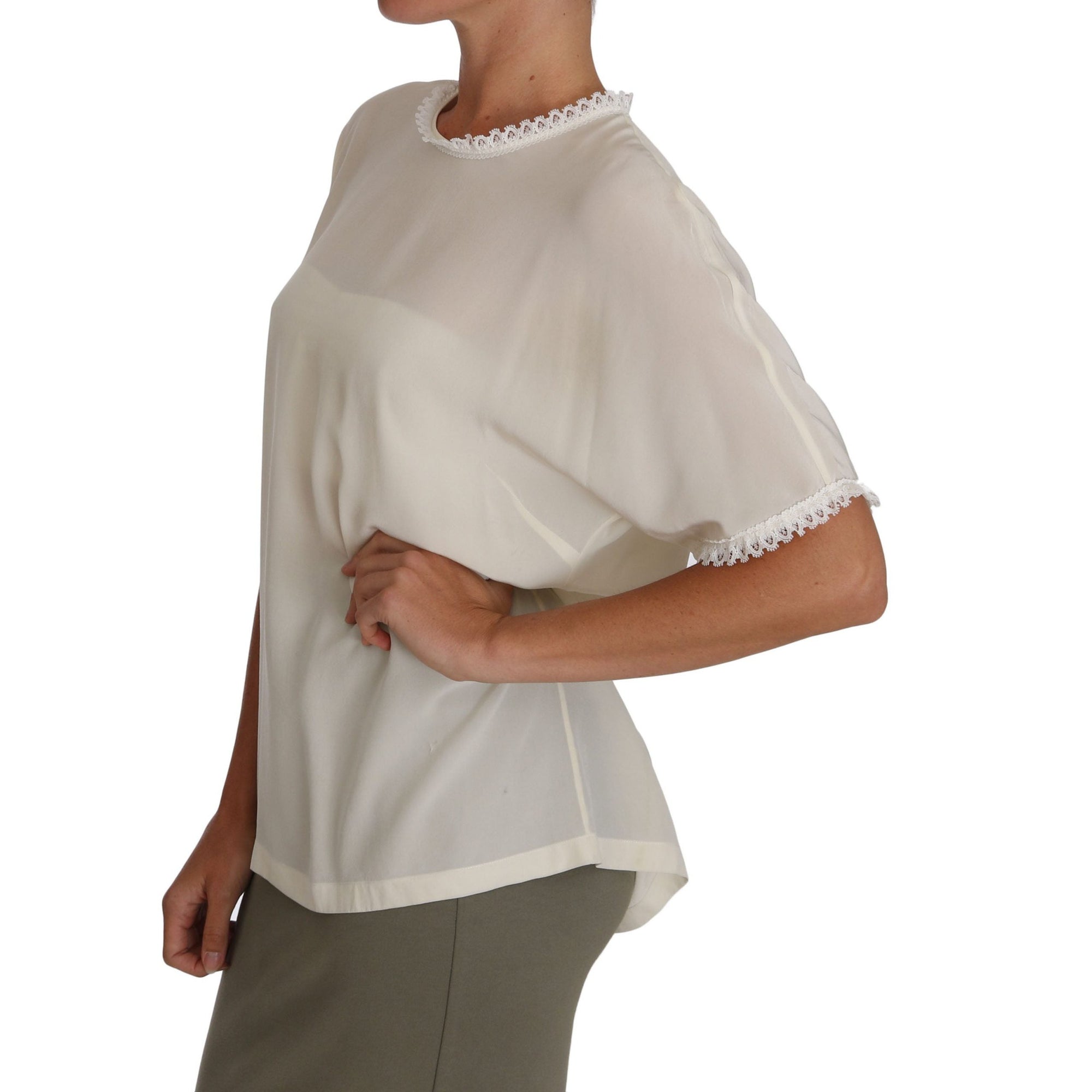 Dolce &amp; Gabbana Cream Silk Lace-Detailed Blouse Top