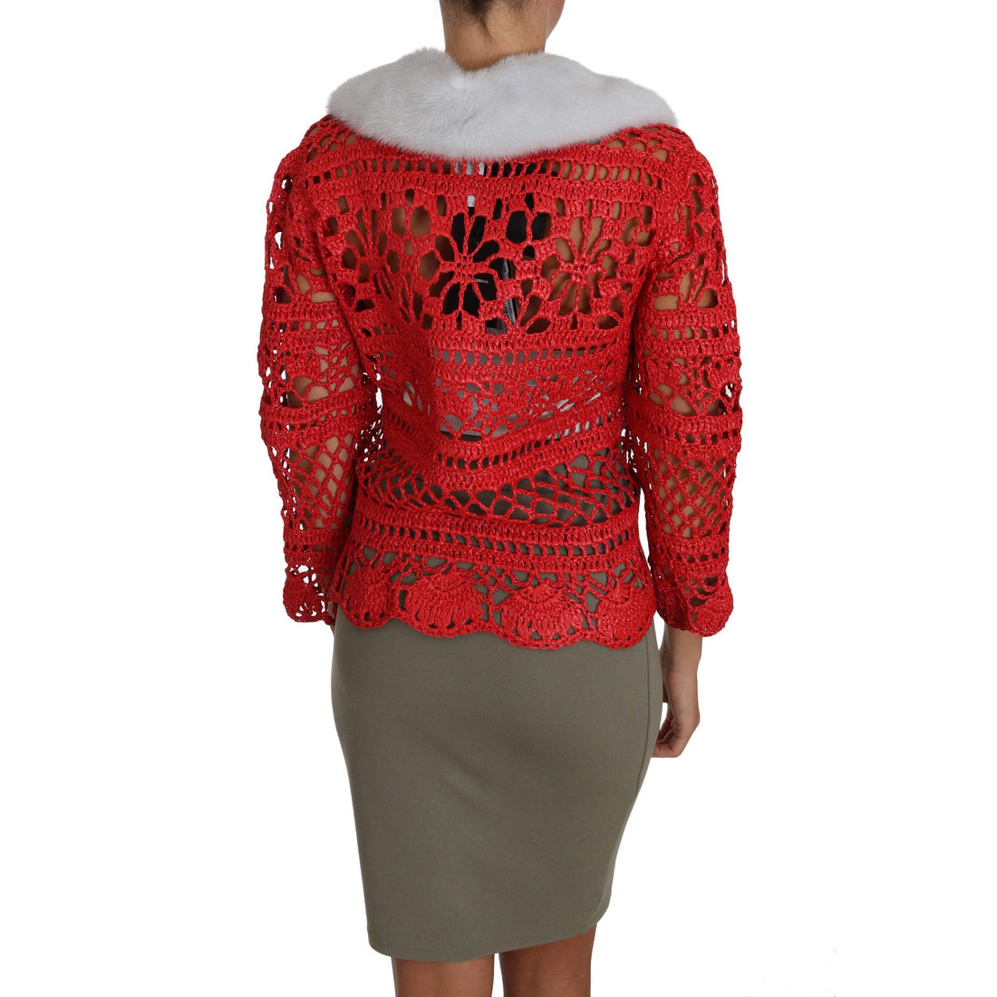 Dolce & Gabbana Elegant Red Crochet Knit Cardigan with Fur Collar