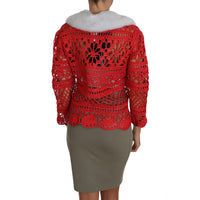 Dolce & Gabbana Elegant Red Crochet Knit Cardigan with Fur Collar