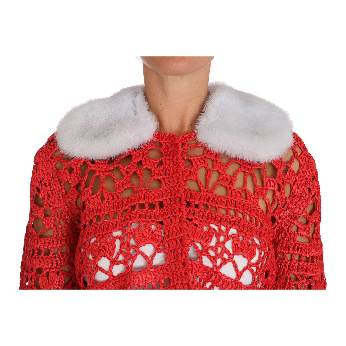 Dolce & Gabbana Elegant Red Crochet Knit Cardigan with Fur Collar