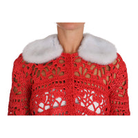 Dolce & Gabbana Elegant Red Crochet Knit Cardigan with Fur Collar