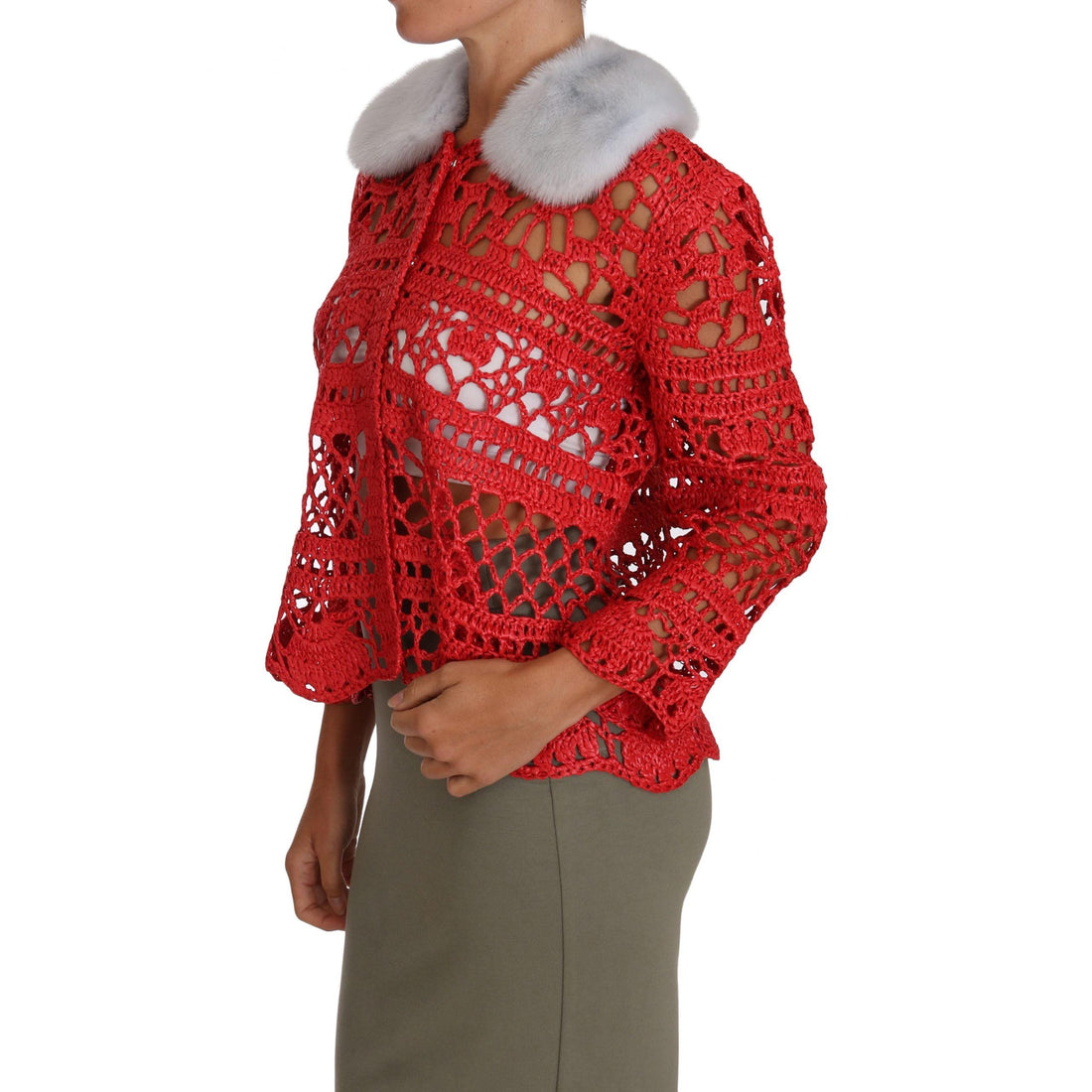 Dolce & Gabbana Elegant Red Crochet Knit Cardigan with Fur Collar