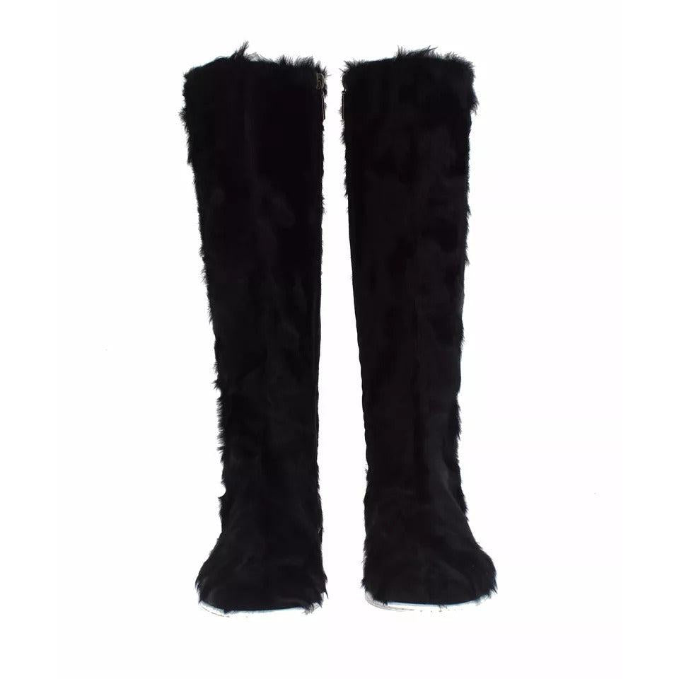 Dolce &amp; Gabbana Black Xiangao Lamb Fur Leather Boots Shoes