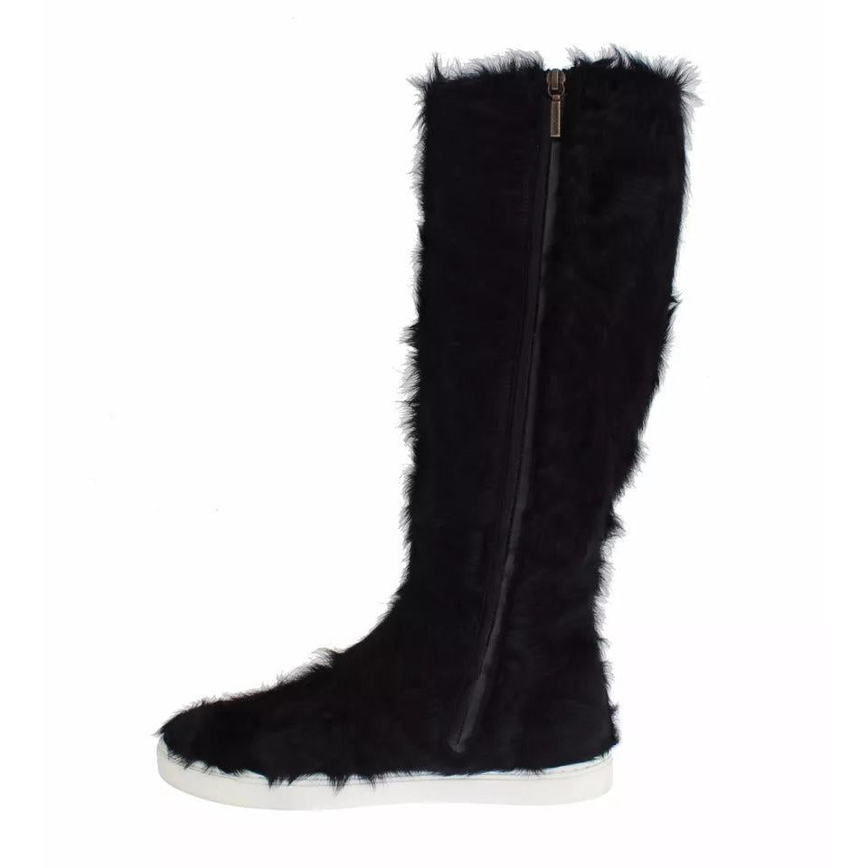 Dolce &amp; Gabbana Black Xiangao Lamb Fur Leather Boots Shoes