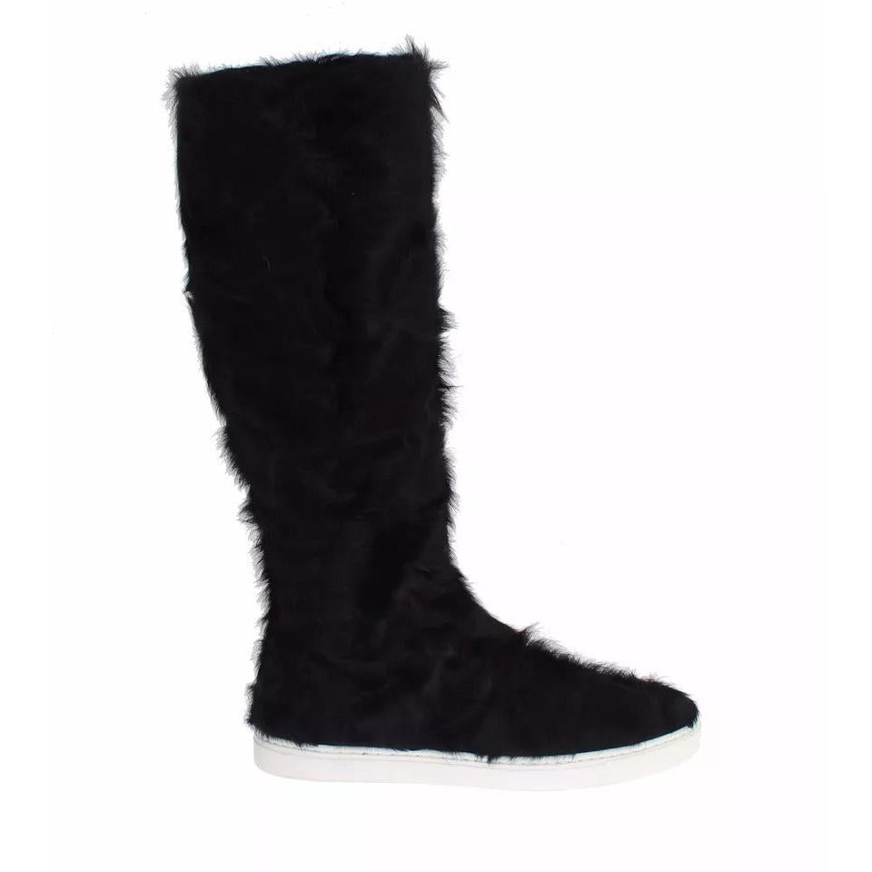 Dolce &amp; Gabbana Black Xiangao Lamb Fur Leather Boots Shoes
