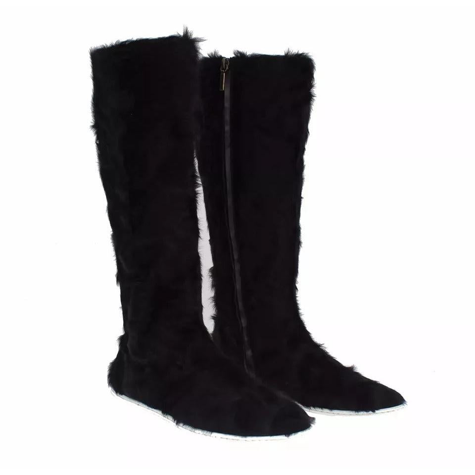 Dolce &amp; Gabbana Black Xiangao Lamb Fur Leather Boots Shoes