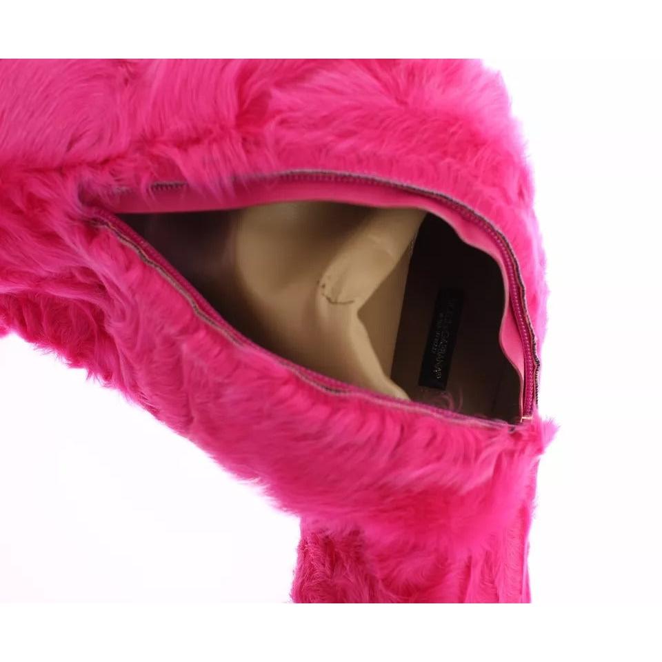 Dolce &amp; Gabbana Pink Lamb Fur Leather Flat Boots Shoes
