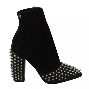 Philipp Plein Black Suede Studded Heels Ankle Boots Shoes