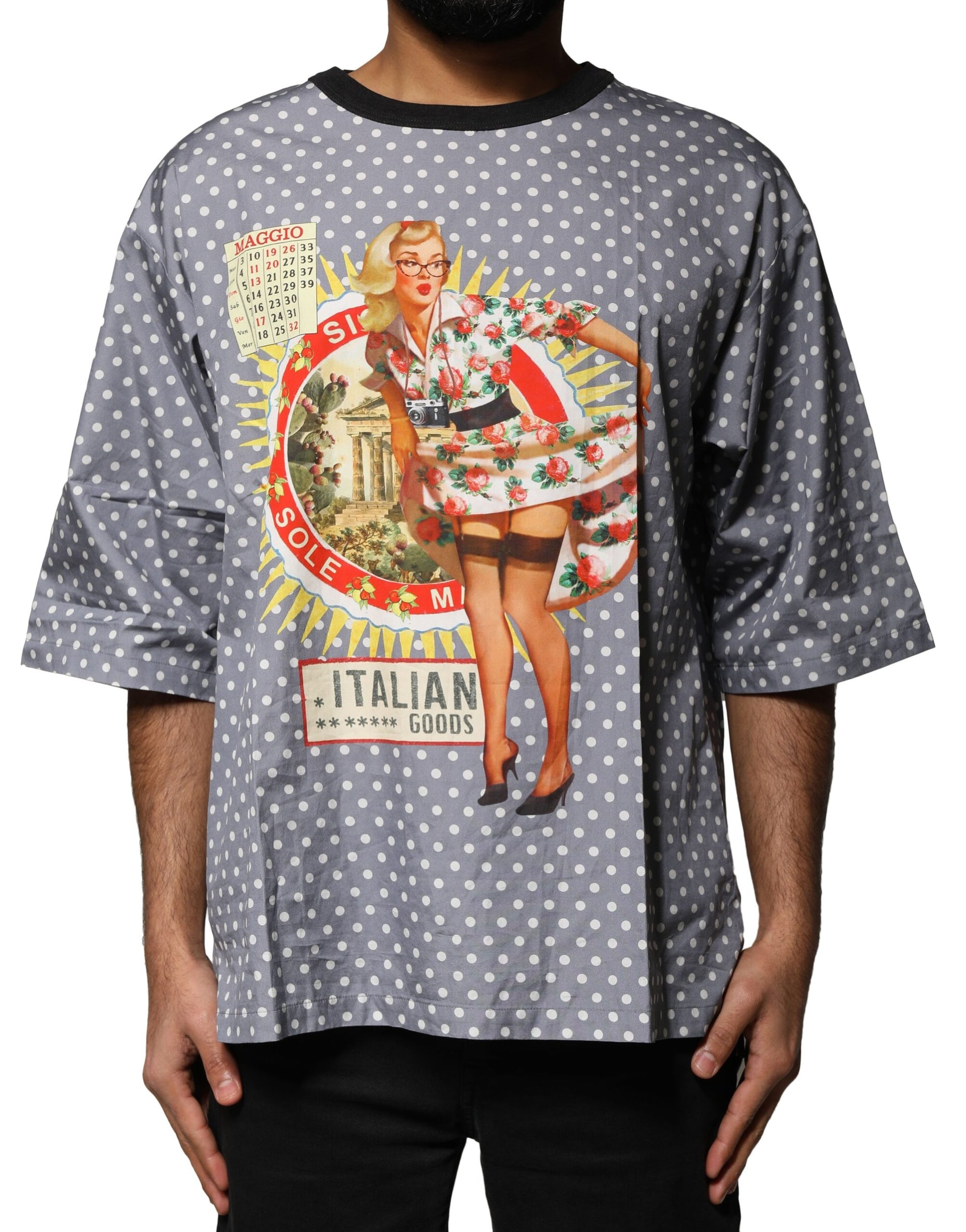 Dolce &amp; Gabbana Gray Polka Dot Pin-Up Print Crew Neck T-shirt