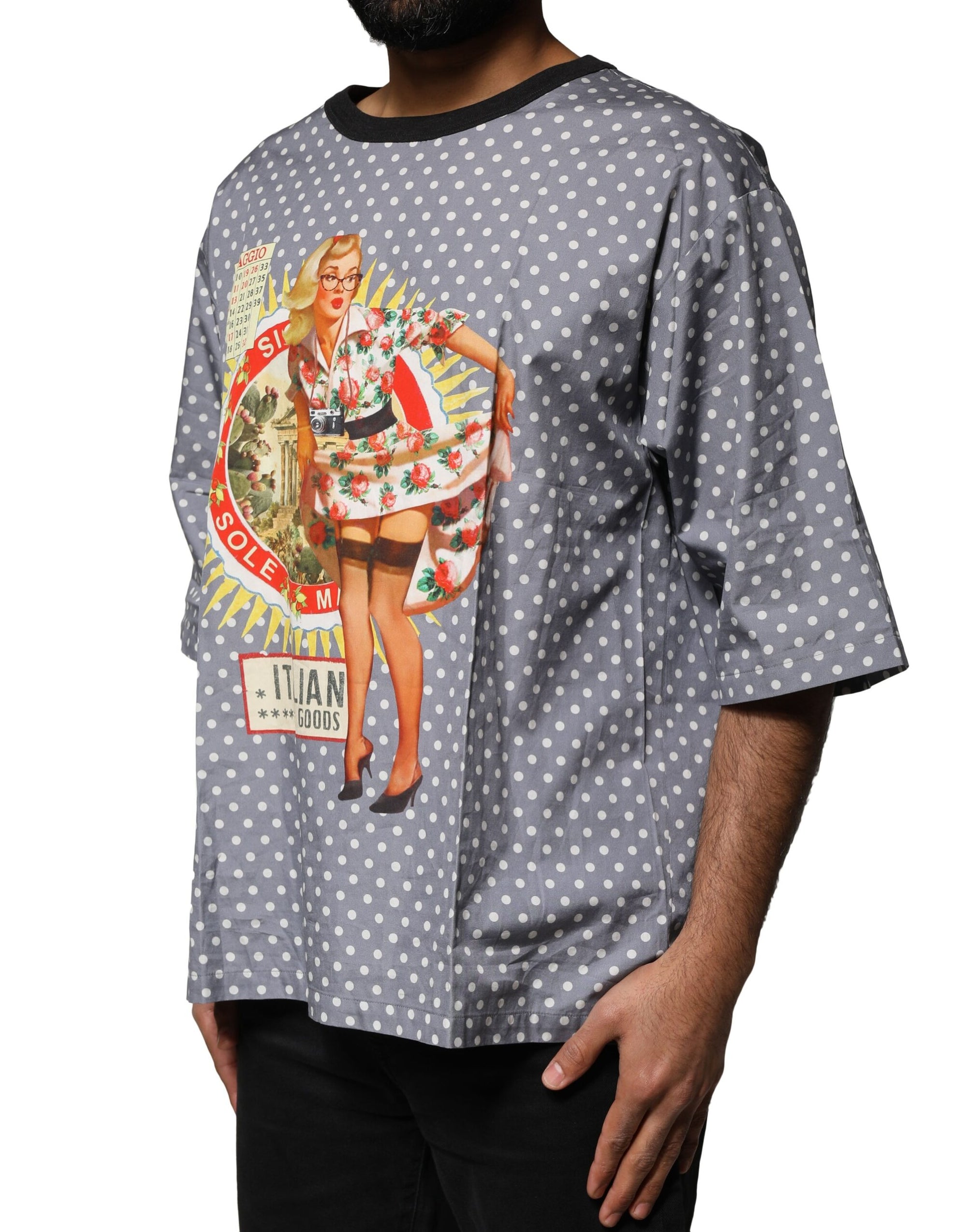 Dolce &amp; Gabbana Gray Polka Dot Pin-Up Print Crew Neck T-shirt