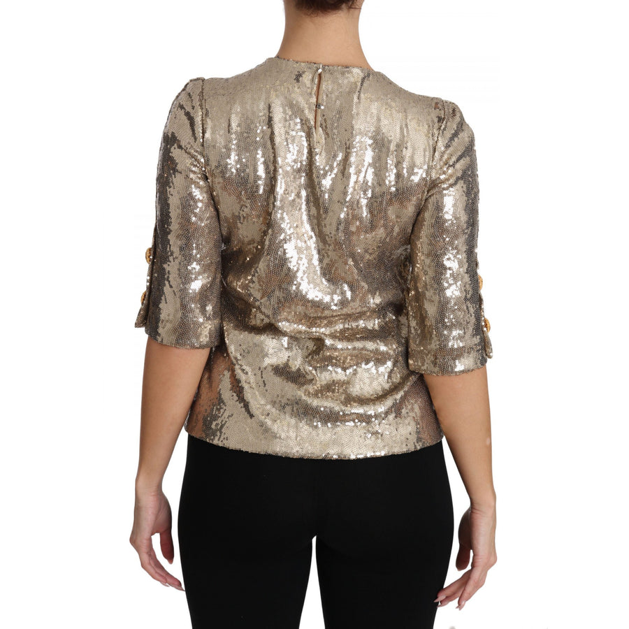 Dolce & Gabbana Gold Parrot Motif Crewneck Blouse with Crystals