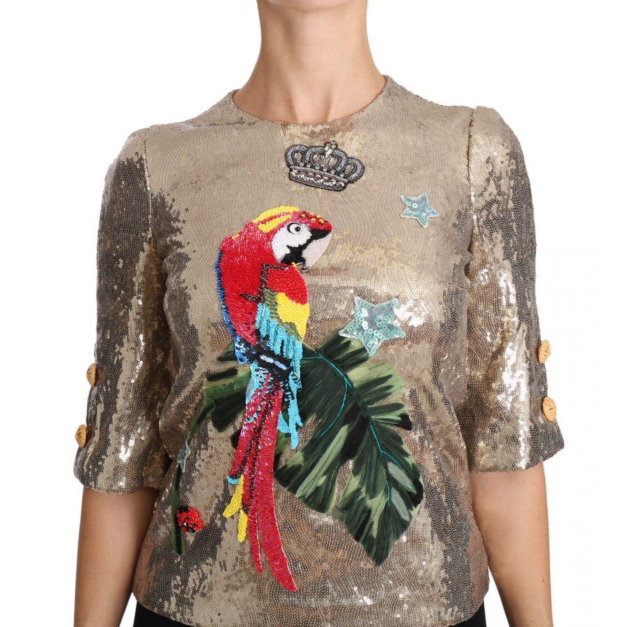 Dolce & Gabbana Gold Parrot Motif Crewneck Blouse with Crystals